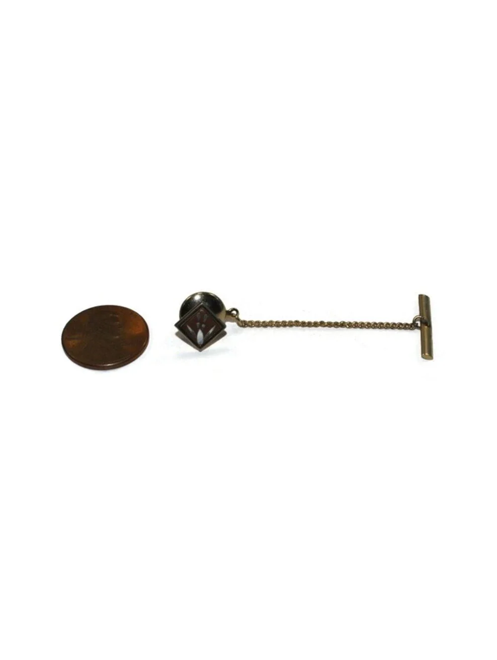 Vintage Gold Tone & Red Enamel Diamond Shape Floral Design Tie Tack with Chain.